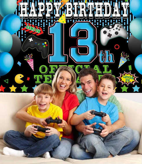 13th Video Game Happy Birthday Decorations Backdrop Banner, 13th Official Teenager Birthday Party Decorations Photo Background 13th Backdrop for B...