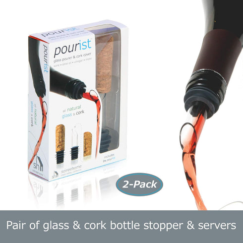 Soireehome Pourist Pair of Gourmet Glass and Cork Stopper Spouts with Silicone Gasket - 2-pack, 4 Pieces - Clean Pours for Cooking, Measuring, Bar...
