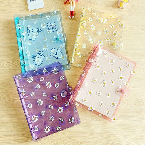 Blue A6 6 Holes Transparent Daisy PVC Binder Cover Loose Leaf Sheet Protector Round Ring View Binder Notebook Planner Folder with Snap Button Clos...