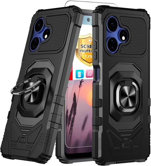 TJS Compatible for Boost Mobile Celero 5G + Plus 2024 (3rd Version) Case, with Tempered Glass Screen Protector, Metal Ring Kickstand Heavy Duty Ce...