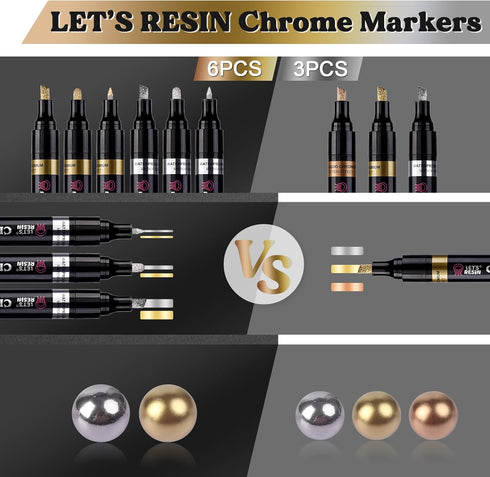 LET'S RESIN 6Pcs Mirror Chrome Markers,3 Sizes Shiny Chrome Paint Pen with Large Barrel, Quick Dry Oil-based Silver & Gold Markers for Metal, Resi...