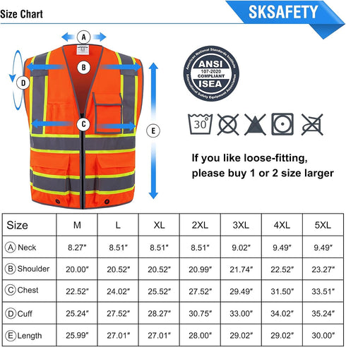 SKSAFETY 10 Pockets Safety Vest, Class 2 High Visibility Security with Zipper, Hi Vis Vest with Reflective Strips, ANSI/ISEA Standard, Constructio...