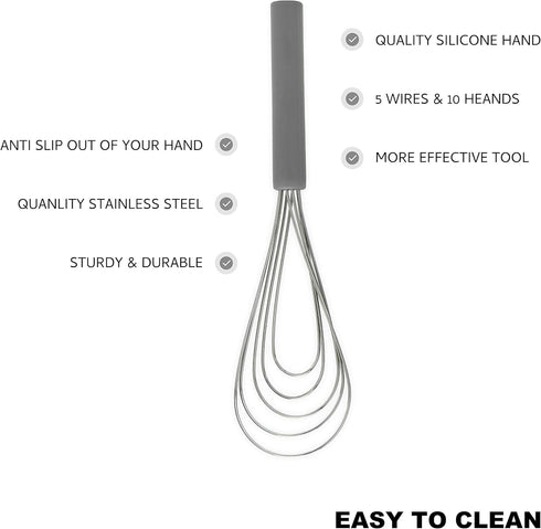 Flat Whisk Silicone Handle Non Slip 10" - 5 Wires Whisk with 10 Heads for Kitchen Cooking by Jell-Cell (Grey)...