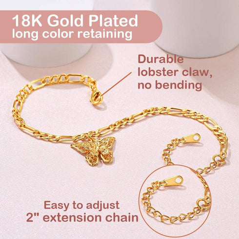 FindChic Butterfly Anklets for Women, 8.5'' to 10.5inch Dainty 18K Gold Plated Cute Charm Figaro Chain Ankle Bracelets Barefoot Jewelry...