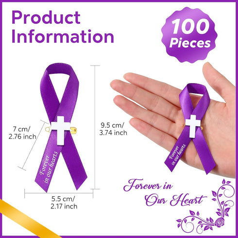 100 Pcs Cross Funeral Ribbons Memorial Ribbon Memorial Service Respect Ribbon Bow with Safety Pin for Mourning (Purple)...
