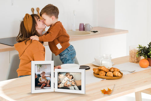 Vertical Horizontal Combo, Double 3.5x5 White Wood Foldable Picture Frame, Opening 3x4.5 Portrait Landscape View, for Desk-top or Wall...