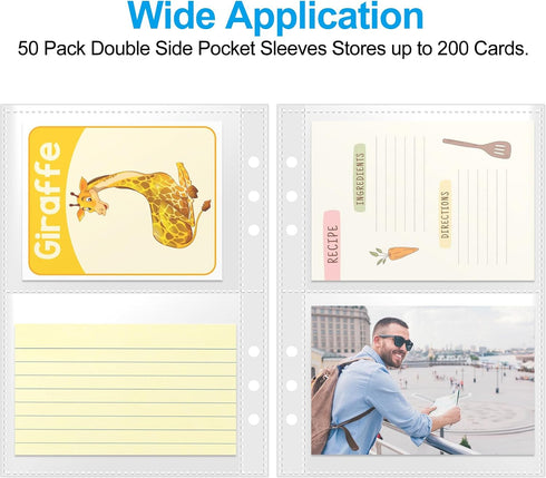 A5 Index Card Sleeves Binder Sheets - 50 Pack | Clear Plastic Refill 2 Pocket Page Protector for Recipe Cards, Photo Cards, Flash Cards | Fits 6-R...