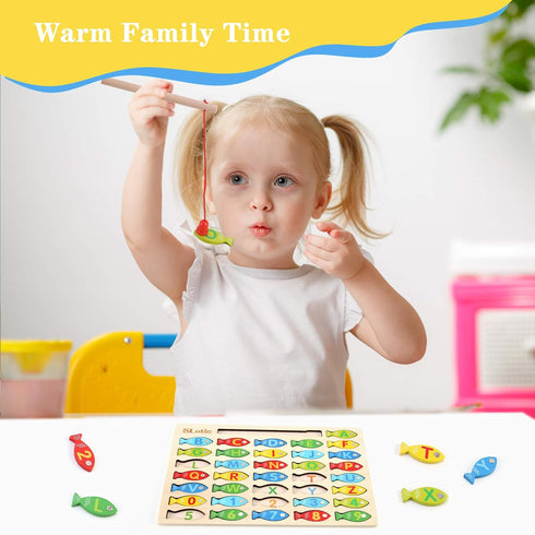 Magnetic Wooden Fishing Game Toy for Toddlers - Alphabet ABC Fish Catching Counting Learning Education Math Preschool Board Games Toys Gifts for 3...