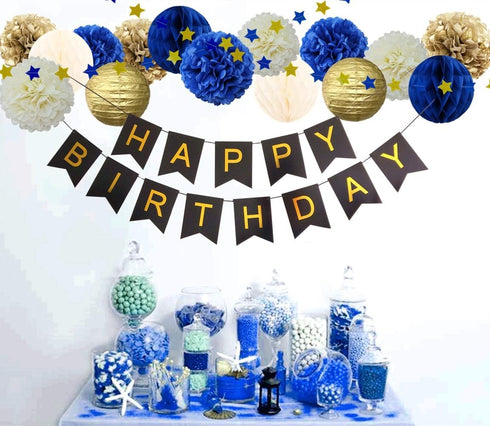 InBy 17pcs Navy Blue and Gold Party Decoration Kit for Baby Boy Shower Men Women Birthday Decoration Happy Birthday Banner 12" 10" 8" Tissue Paper...