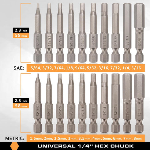 20Pcs SAE/Metric 50mm Bits Set with Head from H5 to H40 1'' 2.3''Long Shank 1/4 Hex Tail S2 Steel Drill Bits Tamper Resistant Bits Suitable for Dr...