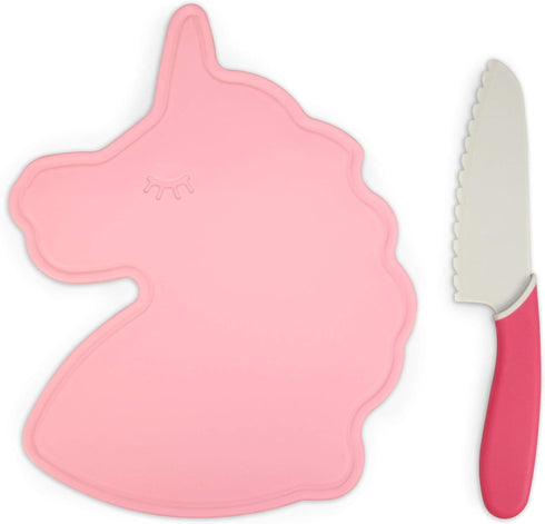 Handstand Kitchen Unicorn Shaped Cutting Board with 6" Serrated Knife for Kid Safe Cooking...