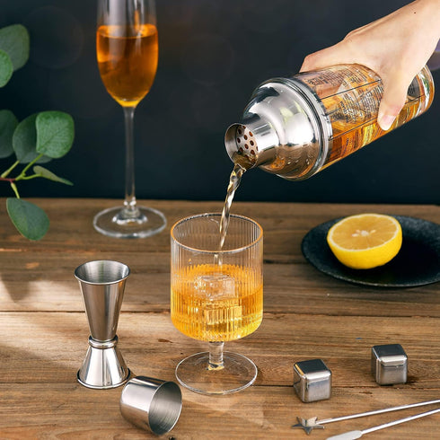 Glass Cocktail Shaker Printed with Recipes,14 oz Martini Shaker with Double Measuring Jigger,18/8 Grade Stainless Steel Mixing Shaker,Leak-Proof L...