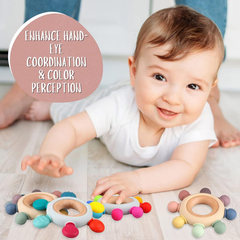 Baby Teething Toys, Silicone Chewable Teethers with Wooden Ring for Soothing Babies Gums, Rudder Chewers Shower Gift for lnfants & Toddlers, 4+ Mo...