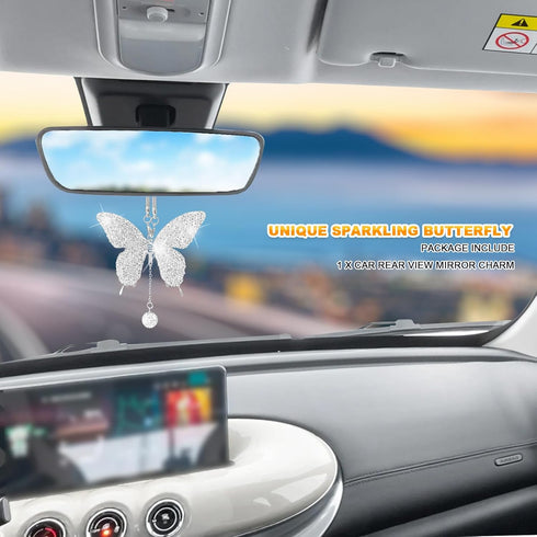 Bling Butterfly Diamond Car Hanging Accessories, Crystal Car Rear View Mirror Charms, Charms Good Luck Gifts Amulet Ornament Hanging Interio Car D...