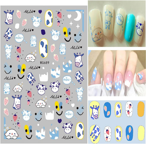 Cute Cow Nail Art Stickers, Cartoon Cow Nail Decals 3D Self-Adhesive Nail Sticker Design Holographic Cattle Nail Art Decal Decoration for Women Gi...
