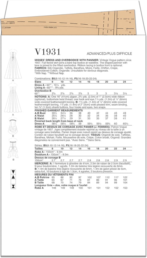 Vogue Misses' Vintage Dress and Overbodice with Pannier Sewing Pattern Kit, Design Code V1931, Sizes 16-18-20-22-24...