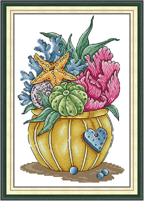 Aiorkeng Cross Stitch Kits Stamped Full Range of Embroidery Starter Kits for Adults Beginners DIY 11CT 3 Strands -Flower of The Ocean(Printed) 32×...