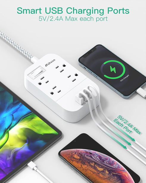 Power Strip Long Extension Cord - 10Ft Braided Extension Cord with Flat Plug, 4 Outlets and 3 USB Charging Ports, Overload Protection and Wall Mou...