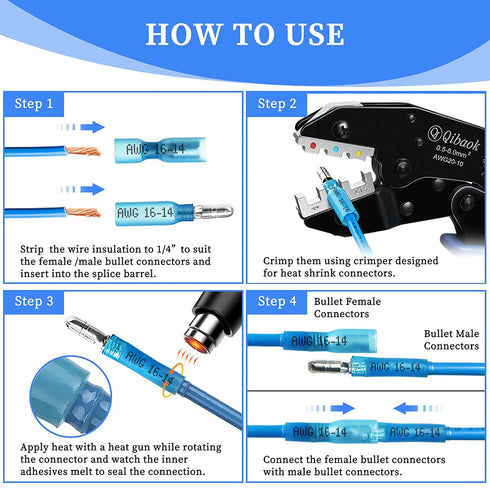 Qibaok 320PCS Heat Shrink Bullet Connectors Kit Female & Male Bullet Butt Terminals Insulated Waterproof Electrical Marine Crimp Automotive Connec...