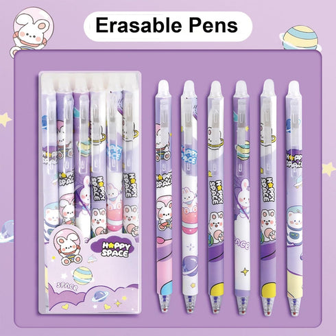 6 Pcs Erasable Retractable Pens Erasable Gel Ink Pens Cartoon Rabbit Erasable Soft Grip Pens 0.5mm Blue Ink Writing Pen School Pens Office Supplie...