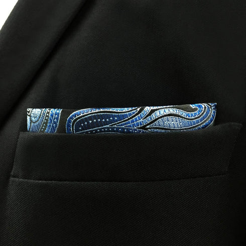 SHLAX&WING Pocket Square for Men Geometric Blue Black Silk Paisley Hanky...