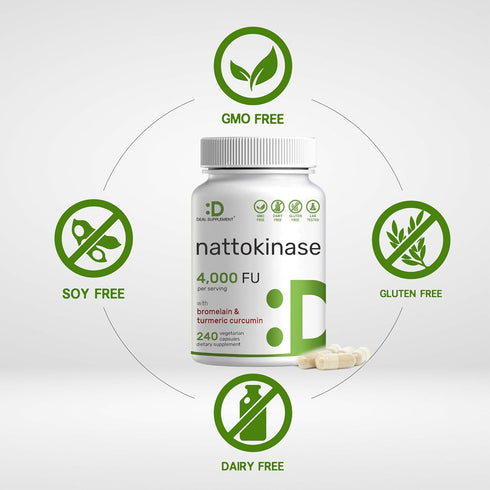 Nattokinase 4,000 FU Per Serving, 240 Veggie Capsules – Bromelain, Turmeric Curcumin, with Black Pepper Complex – Heart Health & Digestive Enzymes...