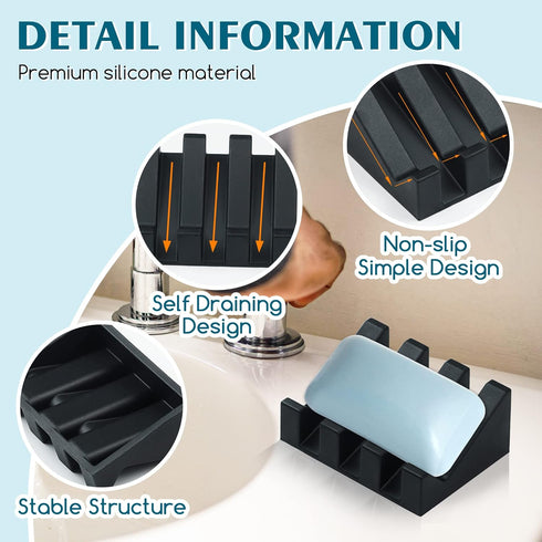 Silicone Soap Dish for Bar Soap Holder for Shower Bathroom Self Draining Waterfall Drying Tray Keep Soap Bars Dry Clean & Easy Cleaning (2, Black)...