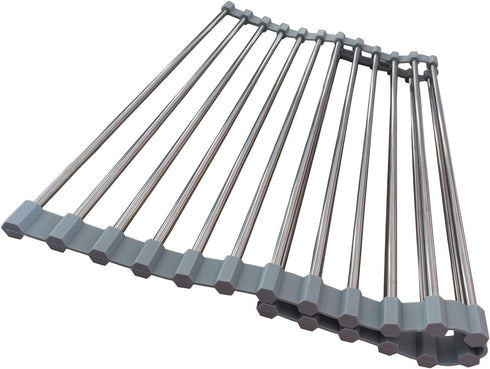 Roll Up Dish Drying Rack, Stainless Steel and Silicone Dish Drying Mat Over The Sink Foldable Drain Rack Multipurpose Dish Drainer for Kitchen, 14...