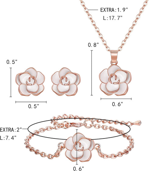 EleQueen Rose Flower Necklace Earrings Bracelet Set 14K White Rose Gold Plated Hypoallergenic Jewelry Sets Gift for Women Girls...