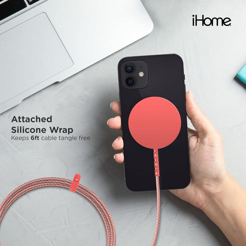 iHome Magnetic Wireless Charger - 10W 6ft Durastrain Nylon Charging Cable with Silicone Wrap, Compatible with MagSafe Cases, for iPhone 12/13, Cor...