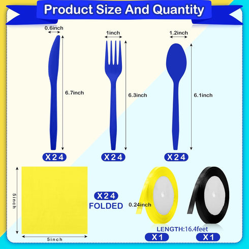Domensi 24 Set Yellow Cartoon Theme Party Plastic Cutlery Set Include Blue Disposable Plastic Spoons Forks Knives Yellow Paper Napkins Satin Ribbo...