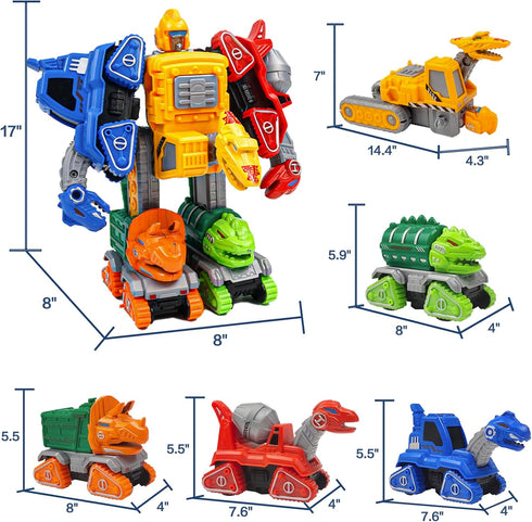 TOYMAKER Dinosaur Transformer Robot Cars Toys for Boys 5 in 1 Transformed Action Figure Construction Excavator Toys Rescue Bots Pull Back Cars Tak...