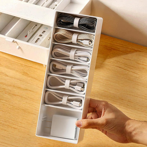 White Plastic Cable Organizer Box with Adjustment Compartments, Stackable Desk Accessories Storage Case with 7 Wire Ties for Drawer Supplies, Stat...