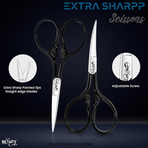 3.5'' 2PC Facial Hair Scissors For Men Women - Eyebrow Scissors Grooming Scissors Mustache, Nose, Beard, Eyebrows, Eyelashes Hair Scissors Curved ...
