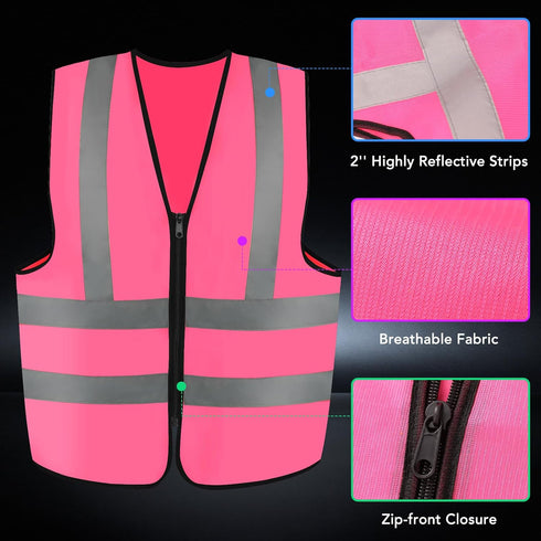 3-Pack Reflective Safety Vest For Women Men - High-Visibility Safety Vest with 2in Reflective Strips for Emergency, Construction, and Safety Use-P...
