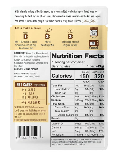 Sweet Logic Keto Dessert Mug Cake Mixes - Carrot Cake - Low Sugar - Gluten-Free - Low Carb - Diabetic-Friendly Sweets - Natural Ingredients - High...