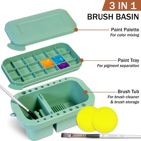DUGATO Paint Brush Cleaner Washer, Multifunction Painting Brush Basin Holder and Organizer with Tray Palette Lid & 2 Art Sponges for Acrylic, Wate...