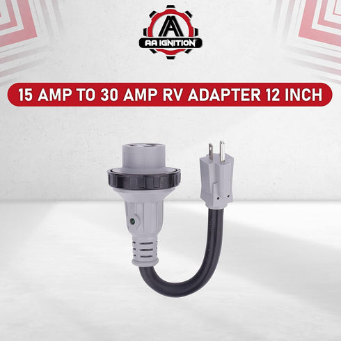 AA Ignition 15 Amp to 30 Amp RV Adapter 12 Inch - 5-15P Male to L5-30R Female - 125V/3750W Dogbone Electrical Converter Plug w/Twist Lock, LED Ind...