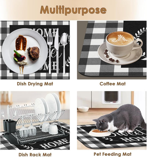 Coffee Mat for Countertops, Black White Grey Buffalo Grid Dish Drying Mat 2 Pcs for Kitchen Coffee Bar Accessories, Fit Under Coffee Maker Espress...