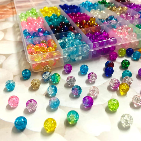 600pcs Crackle Glass Beads Set (8mm), 24-Grid Multicoloured Round Handcrafted Crack Lampwork Beads Assortment for DIY Bracelet Necklace Findings B...