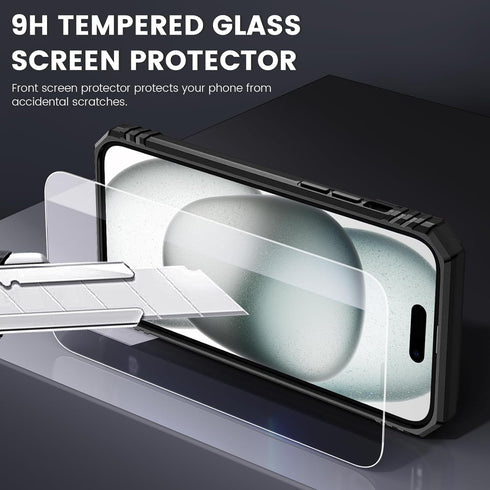 Maxdara for iPhone 15 Case, with Slide Camera Cover & Built-in Rotating Kickstand Ring & Front Glass Screen Protector Phone Case for iPhone 15 6.1...