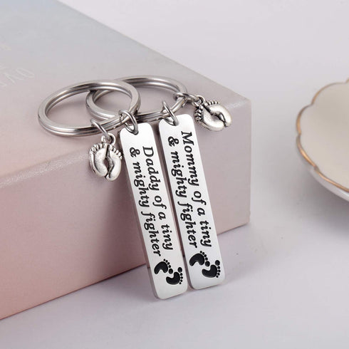 Ralukiia NICU Dad Mom Preemie Baby Gift - Mommy/Daddy of A Tiny Mighty Fighter Keychain Support NICU Parents Care Basket Neonatal Intensive Care U...