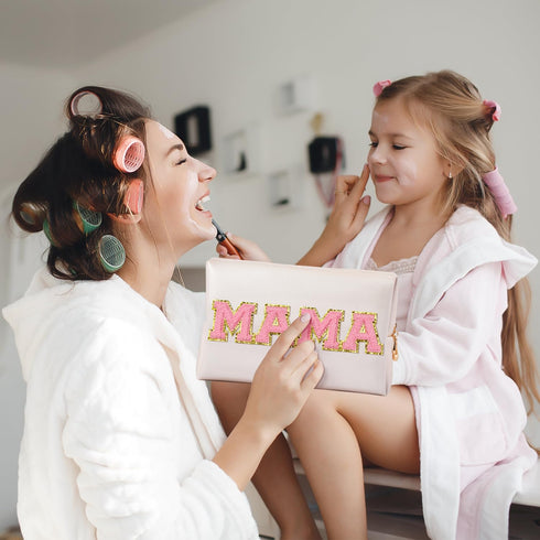 Y1tvei Preppy Patch Extra Large Mama Varsity Letter Makeup Bag Pink Chenille Letter PU Leather Waterproof Portable Cosmetic Toiletry Bag Zipper Or...