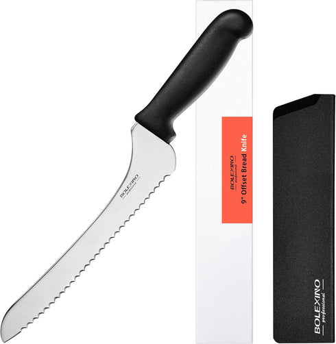 9 Inch Offset Serrated Bread Knife, Wavy Edge knife, High Carbon Stainless Steel Multi-Purpose Kitchen Knife for Homemade Bread, Crusty Breads, Ca...