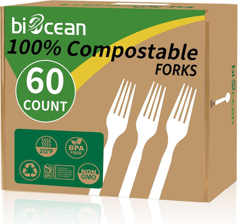 100% Compostable Forks 60 Count Disposable Forks Heavy Duty Utensils Set Fork Silverware Eco Friendly Flatware Plastic Free for Party Camping Picn...