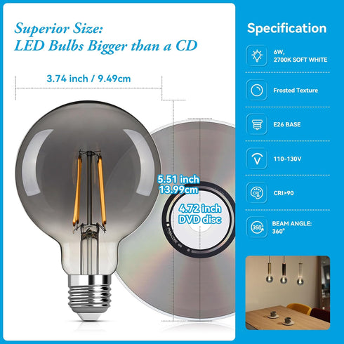 Smoke LED Globe Light Bulbs, 60 Watt Light Bulbs Soft White, 6W LED Light Bulbs, 2700k Warm White, 500 Lumen E26 Standard Base G30/G95 No Dimmable...