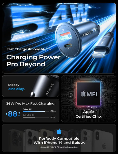 AINOPE for?Apple MFi Certified? 67.5W iPhone Car Charger Fast Charging Cigarette Lighter USB Charger, Mini USB C Car Charger Adapter for iPhone 14...