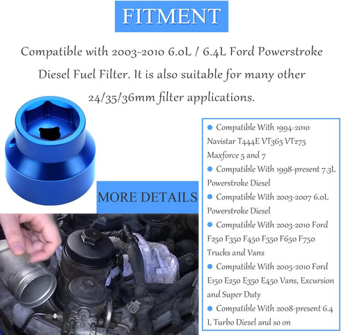 Oil Filter Socket 24mm / 36mm Reversible Fuel Filter Cap Remover and Installer Assistant Compatible with 6.0L / 6.4L Ford Powerstroke Diesel 2003-...