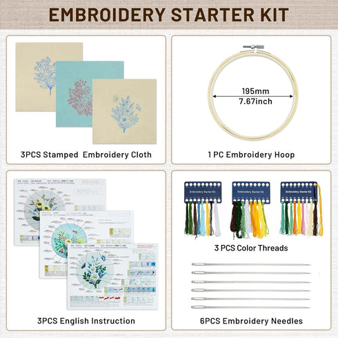 XM-GENYUE 3 Sets Embroidery Starter Kit with Pattern and Instructions, Cross Stitch Kit Include Embroidery Clothes with Floral Bouquet Pattern Col...