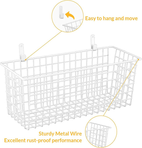 2 Sets Extra Large Hanging Wall Basket, White Metal Wire Baskets with Steel Hooks for Organizing, WallmountedFruit Vegetable Toy Snack Storage, Ho...
